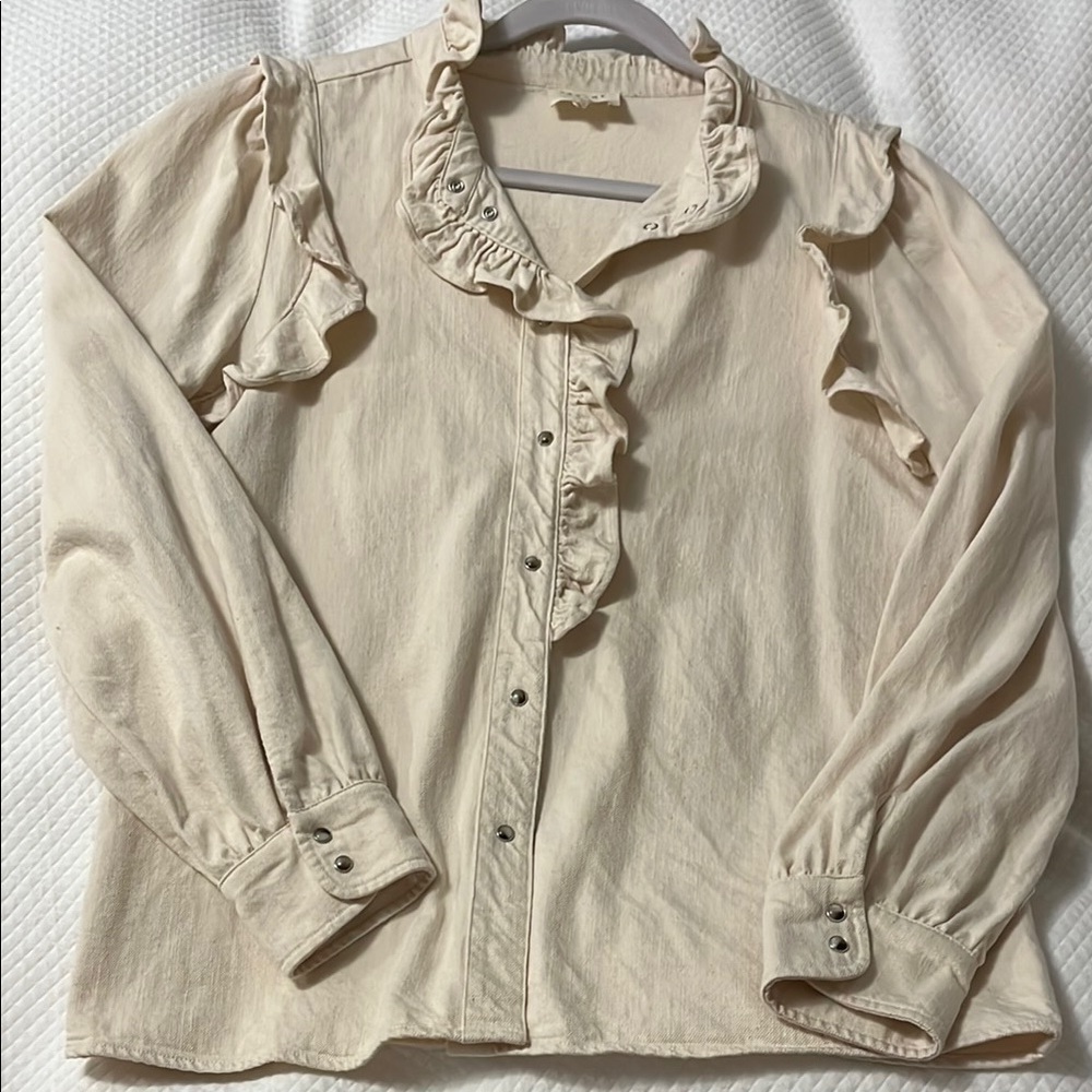 Sezane Cream Ruffle Button-Front Blouse